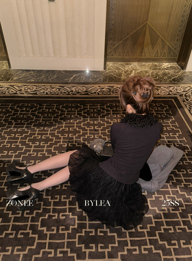 ZONEE/LEA宋亦雯 法式原创设计感黑色不规则高腰长短款半身裙女