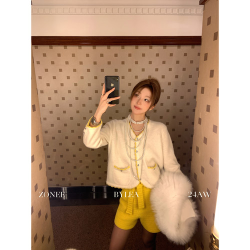 ZONEE/LEA宋亦雯 中古柠檬黄 原创设计V领针织开衫小香风毛衣外套