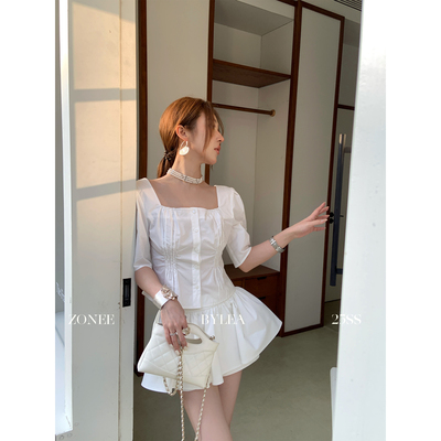 ZONEE/LEA宋亦雯 少女时装 法式方领设计感小众纯棉白色衬衫上衣