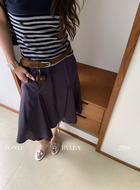 ZONEE/LEA宋亦雯 法式周末 设计感小众深蓝色褶皱抽绳半身裙女