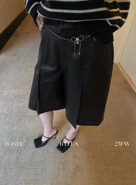ZONEE/LEA宋亦雯 纽约时报 法式复古精致时髦显瘦pu皮五分休闲裤