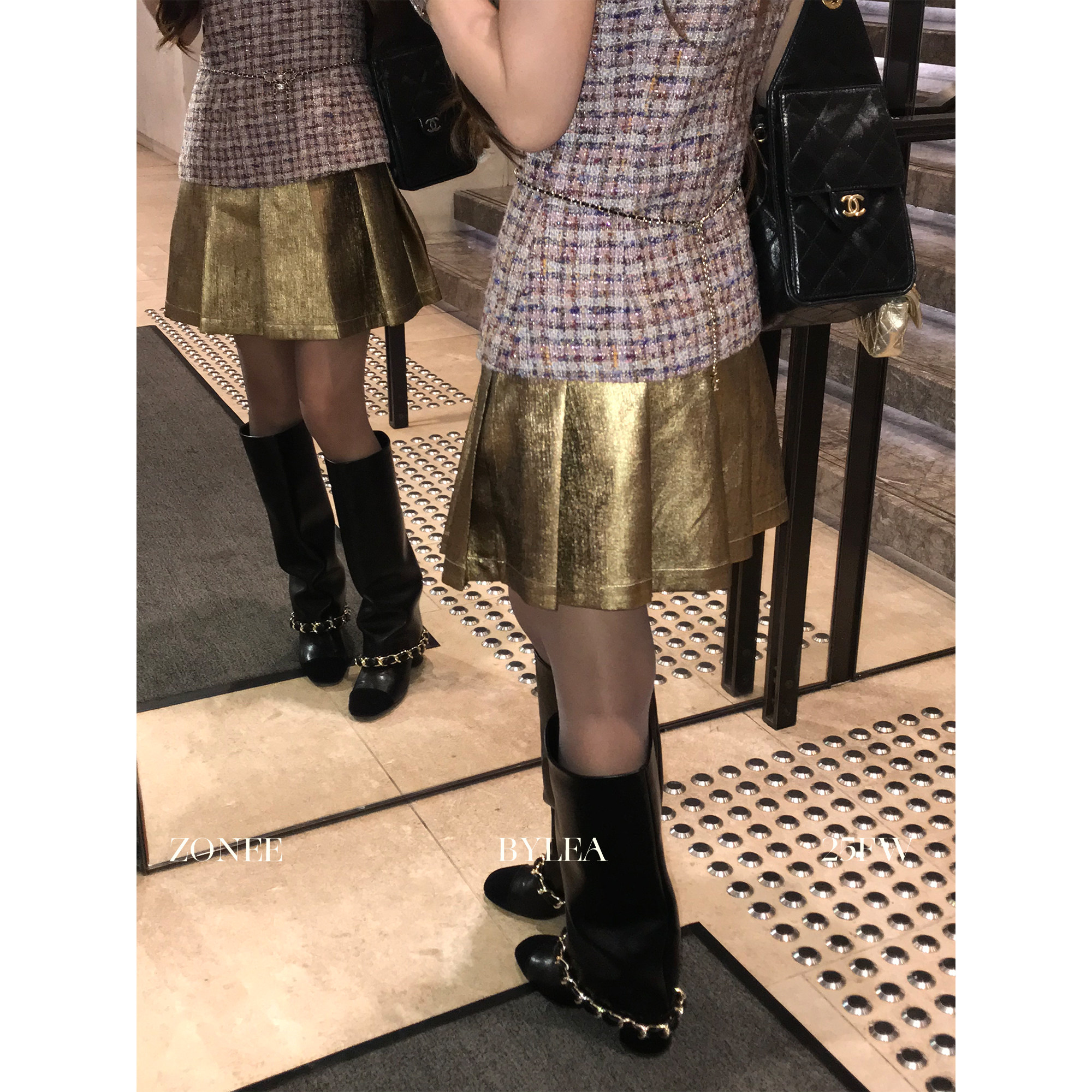 ZONEE/LEA宋亦雯 Jingle bell 内里加绒复古高腰A字百褶半身裙女