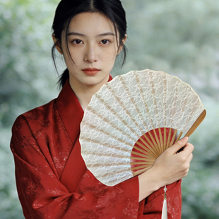 白色蕾丝扇子手工贝壳扇素雅葵形折扇简美竹扇新中式马面裙旗袍扇