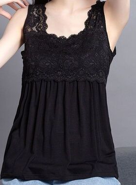 宽松遮肚上衣蕾丝花边胖MM吊带背心女显瘦大码无袖坎肩薄款打底衫