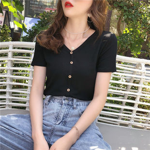 2024年夏季莫代尔短款t恤女短袖新款网红ins超火v领高腰上衣女潮