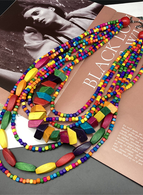 波西米亚民族风彩色长款木珠多层项链舞台走秀度假配饰女necklace