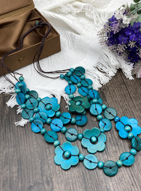 波西米亚民族风椰壳复古彩色花朵圆珠多层项链长款毛衣链百搭配饰