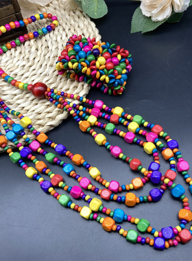 新款民族风多层项链手链套装波西米亚长款毛衣链秋冬百搭木质佩饰