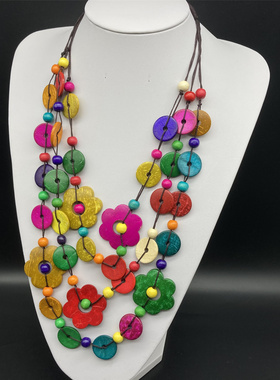 波西米亚风花朵椰壳木珠手工项链