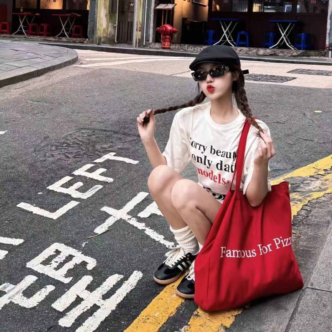 小众时尚帆布托特包2024新款红色字母通勤百搭大容量单肩包轻便