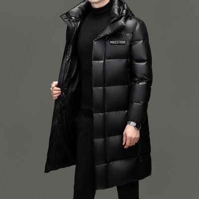 男士长款加厚亮面连帽羽绒服