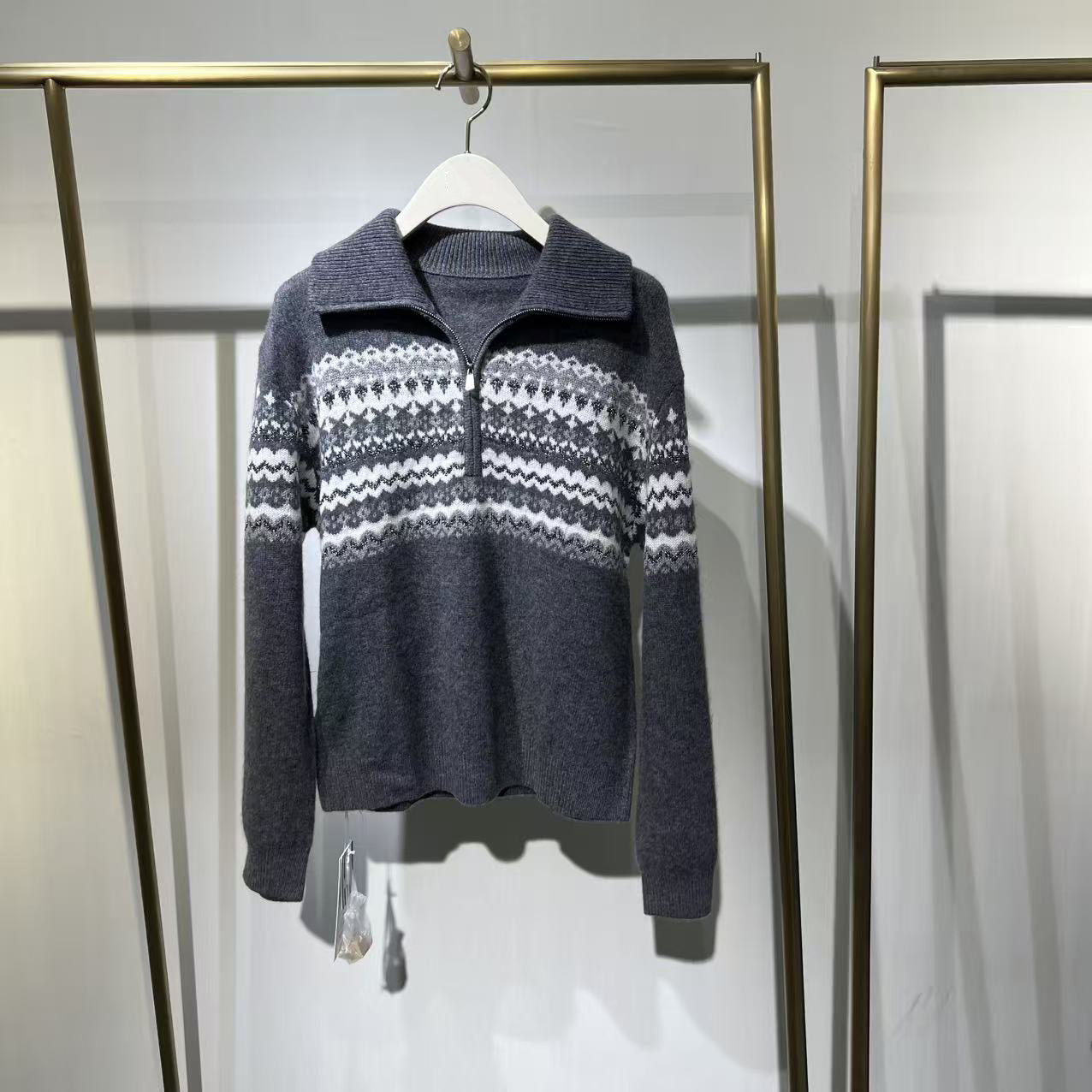 诗折扣26春季新款费尔岛提花毛衫百搭日常通勤灰针织衫3GC130081