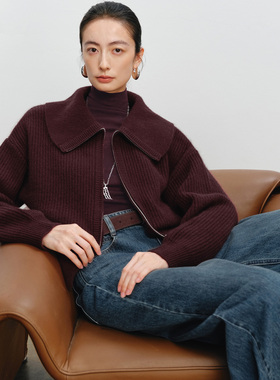 商场同款伊折扣2025秋新款韩版紫色拉链方领针织开衫女1GA131631