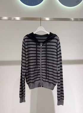 商场同款麦家2025新款灰色连帽条纹针织开衫外套女毛衣4GA133231Q