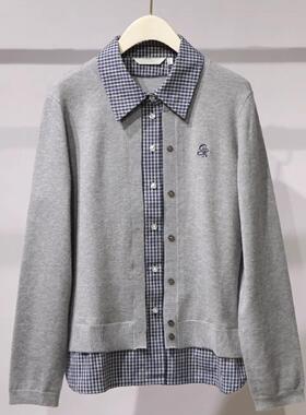 MM商场同款2026春季新款学院风翻领格纹拼接针织开衫女3H1130021