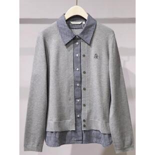 MM商场同款2026春季新款学院风翻领格纹拼接针织开衫女3H1130021