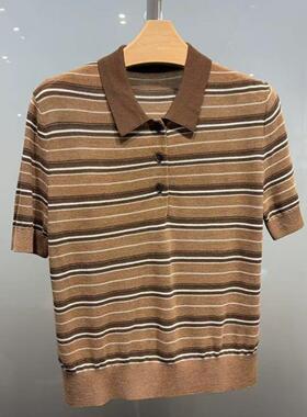 MM商场同款2026春新款气质休闲条纹翻领短袖针织衫女5H3230741