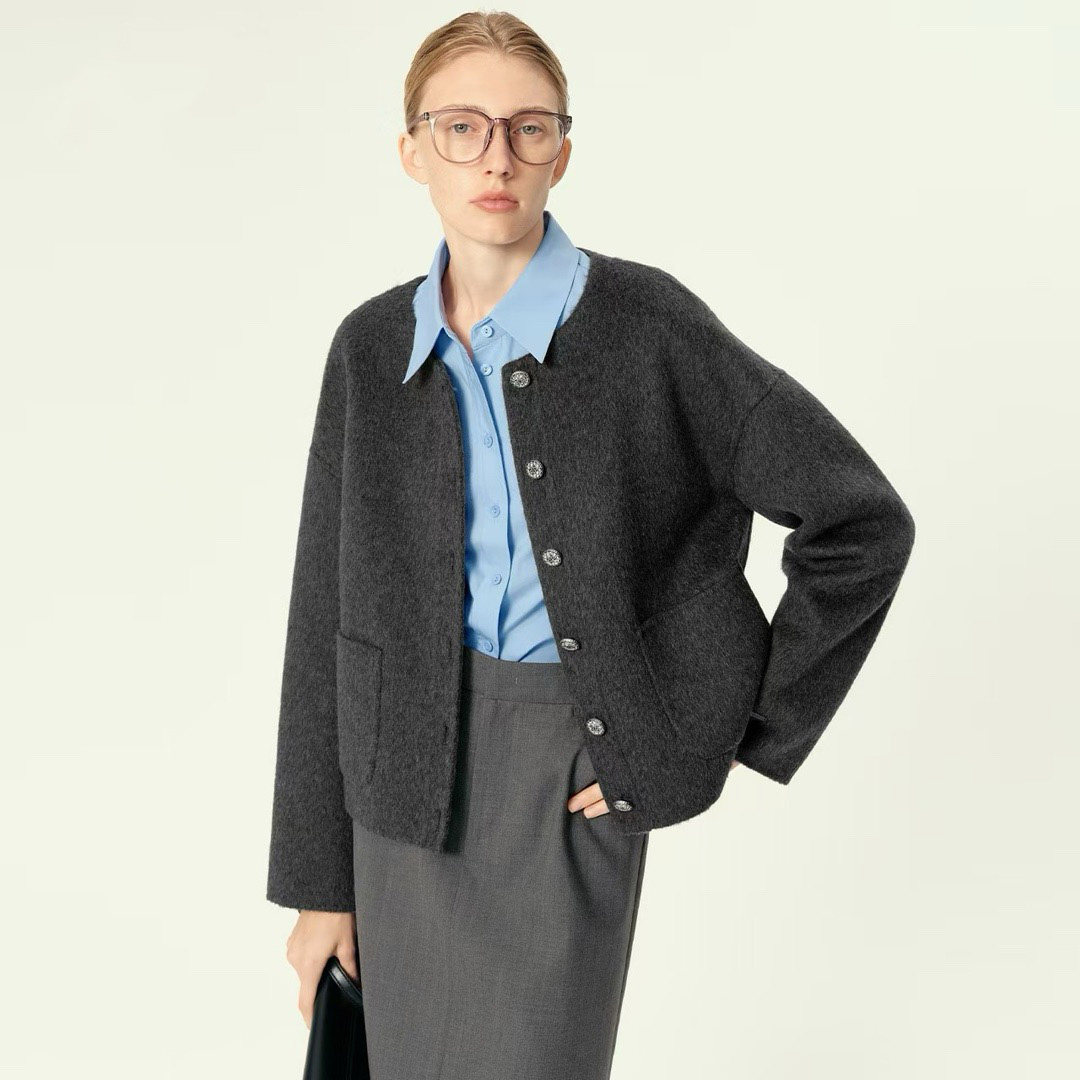 商场同款伊折扣25新款纯色气质百搭小香风毛呢外套上衣1GA170101