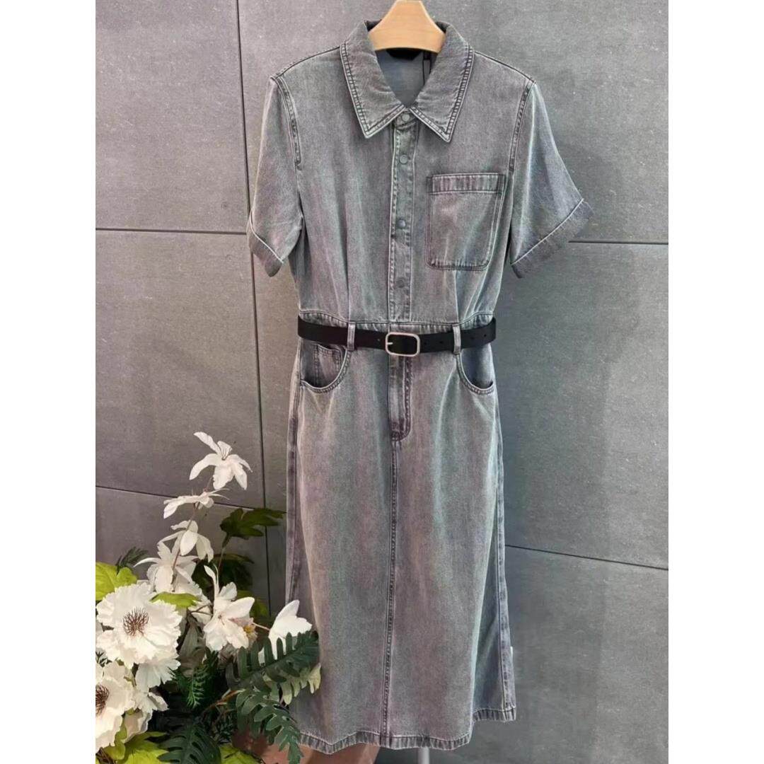 商场同款2025夏季新款时尚百搭灰色翻领牛仔短袖连衣裙5G4391031