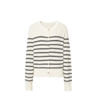 MM商场同款2026春季新款单排扣条纹圆领针织开衫女上衣1H2930071