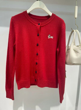 诗折扣商场同款红色上衣小狗刺绣通勤百搭外穿针织开衫3GC130091