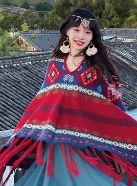 民族风带帽斗蓬披肩女冬天加厚保暖茶卡丽江西藏旅行红色带帽披风