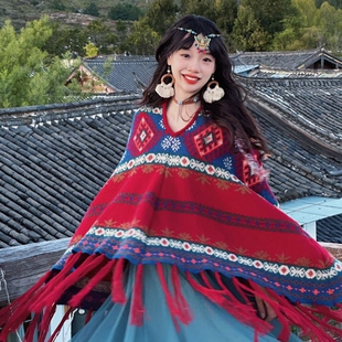 民族风带帽斗蓬披肩女冬天加厚保暖茶卡丽江西藏旅行红色带帽披风