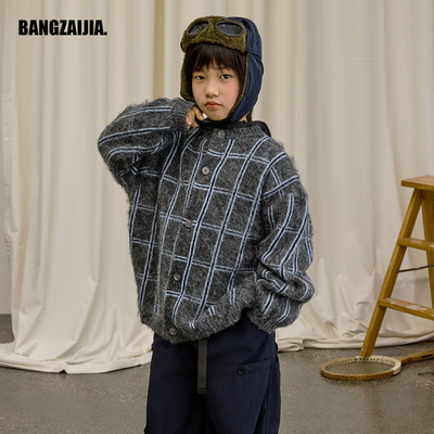 儿童秋冬灰色格子慵懒感毛衣