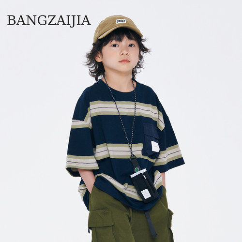 定制日系撞色口袋条纹短袖T恤