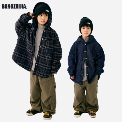 冬季两面穿连帽格子牛仔夹棉外套