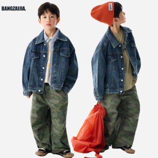 26年春秋新款儿童翻领复古工装外套中大童原色牛仔套装男童夹克