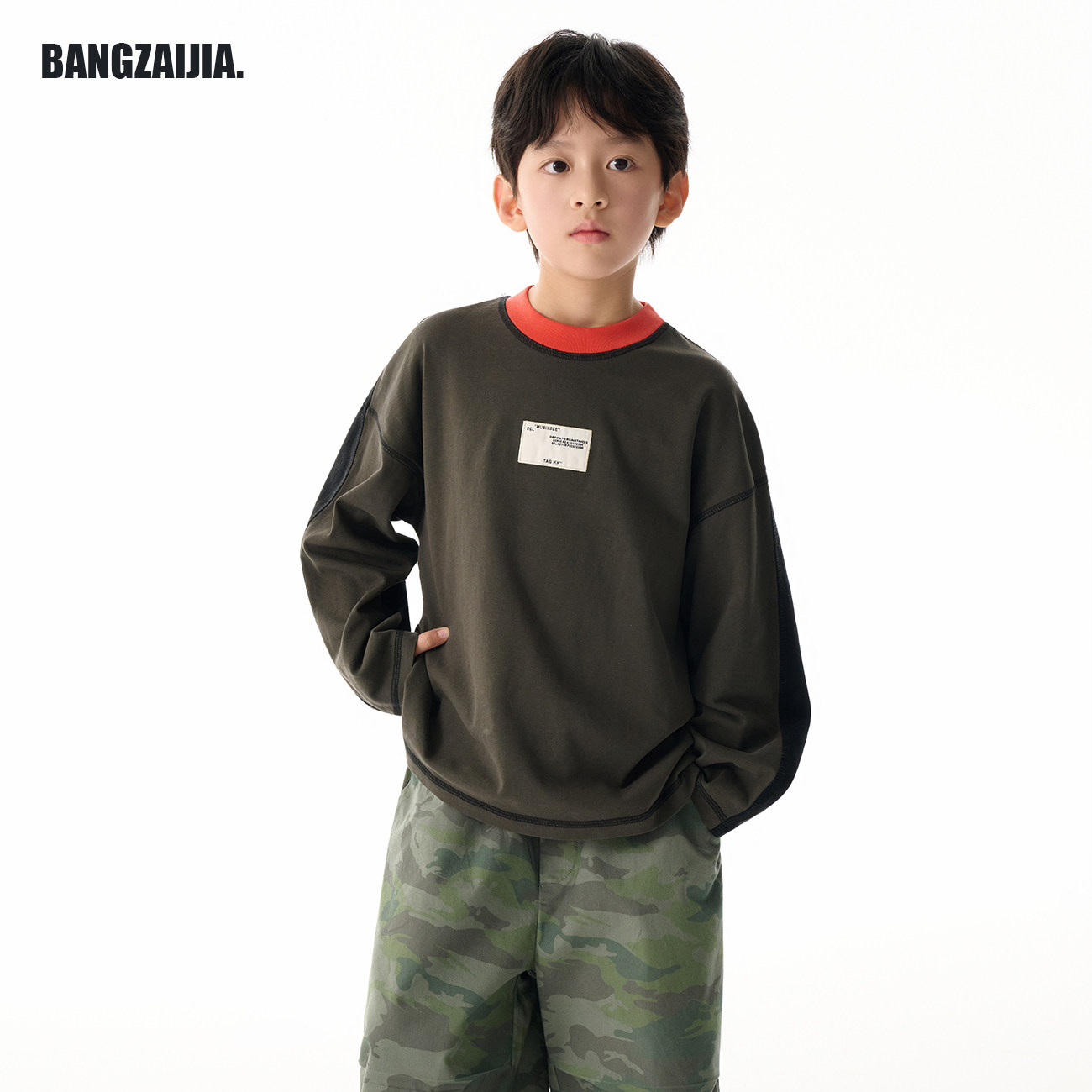 邦仔家童装春秋设计韩版拼色两面个性长袖户外T恤男童圆领上衣潮