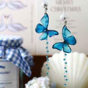 莉夏蓝色蝴蝶流苏耳环长款耳饰小众设计感耳坠无耳洞蚊香盘耳夹女