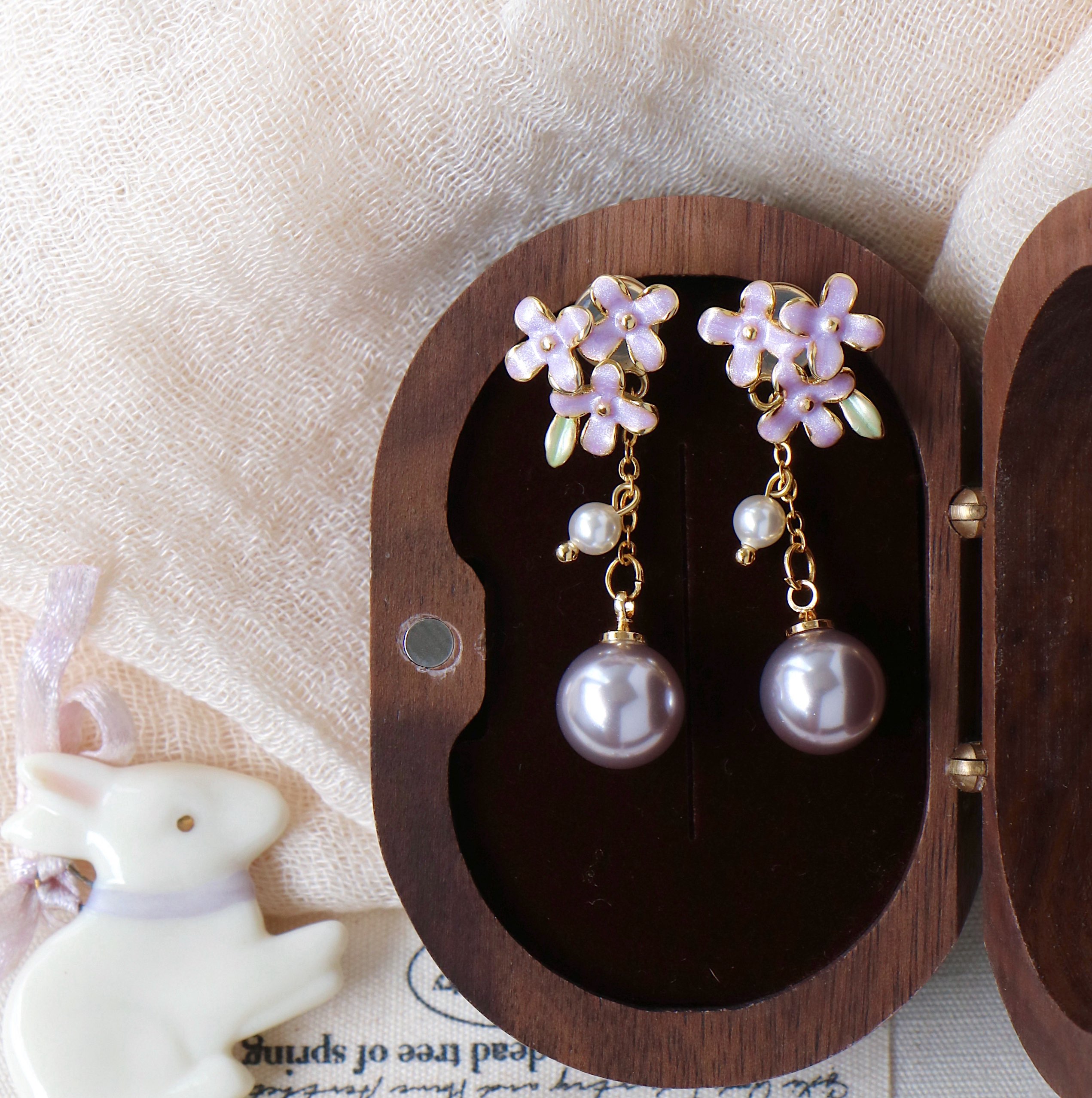 紫色珍珠小花两戴耳钉流苏耳环
