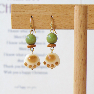 莉夏可爱小猫爪菩提根耳环国风新中式耳夹耳坠女小众新款猫咪耳饰