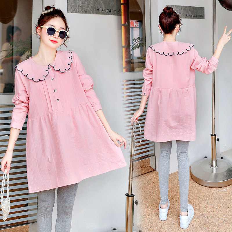 출산 가을 탑 긴 소매 2024 한국어 패션 정장 유행 엄마 중반 임신 유행 인형 칼라 셔츠