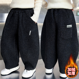 男童加绒毛呢弯刀裤秋冬保暖加厚休闲长裤2025冬季新款宽松裤子潮