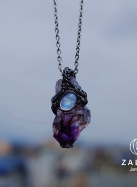 杂露集自制银绕线镶嵌月光石超七小权杖吊坠