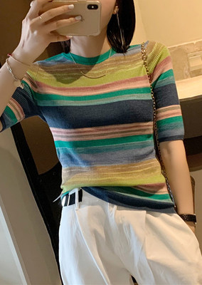 新款夏季冰丝短袖针织衫修身彩虹条纹打底短款上衣女潮