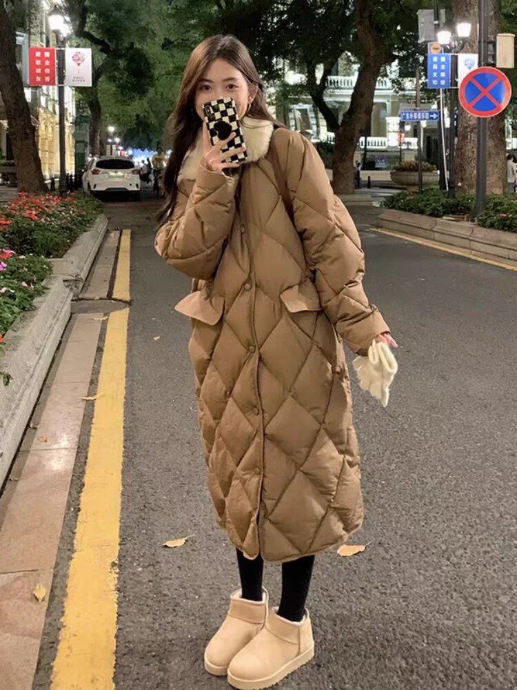 菱格加厚羽绒服女过膝长款2024冬新款东北超厚白鸭绒韩版宽松外套