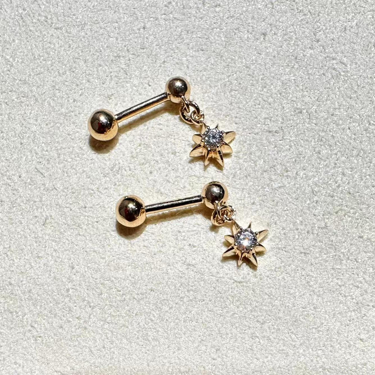 真钻18K金单钻4分八芒星白金耳钉玫瑰金螺丝拧耳骨钉小吊坠耳环
