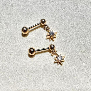 真钻18K金单钻4分八芒星白金耳钉玫瑰金螺丝拧耳骨钉小吊坠耳环