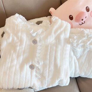睡衣女款秋冬季珊瑚绒长袖开衫套装蕾丝花边加绒加厚法兰绒家居服