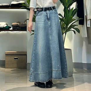 春夏季新款设计师款烫钻A摆牛仔半身裙高腰复古水洗棉质牛仔裙