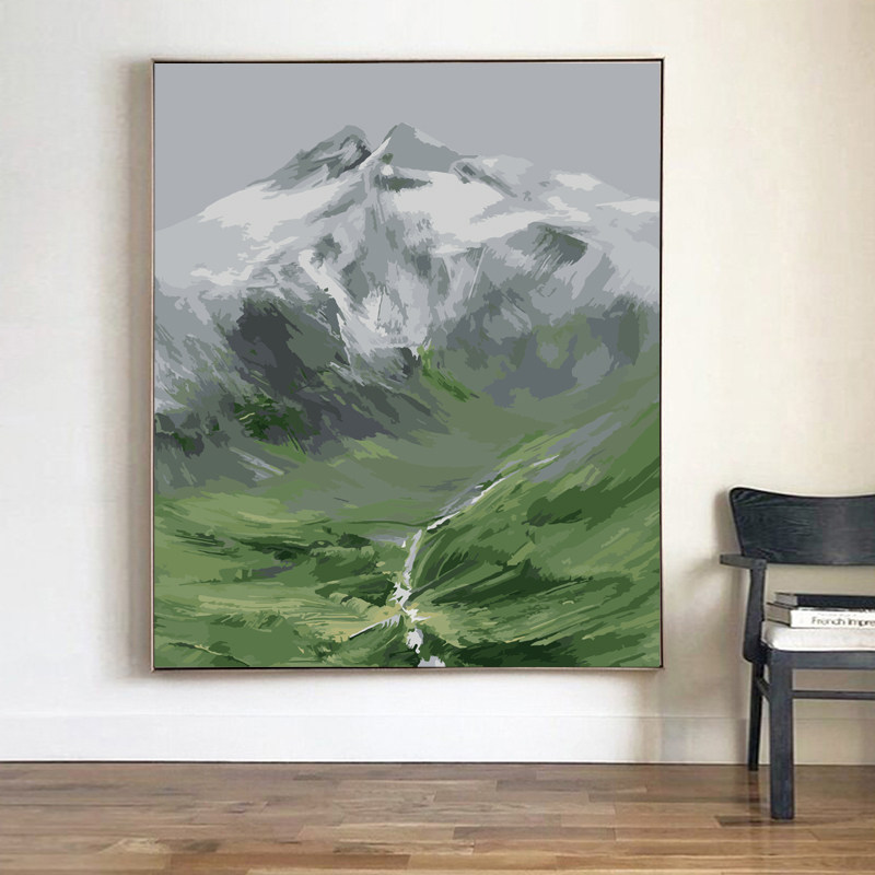 大尺寸竖版手绘diy数字油画填充风景雪山油彩画客厅山川玄关装饰