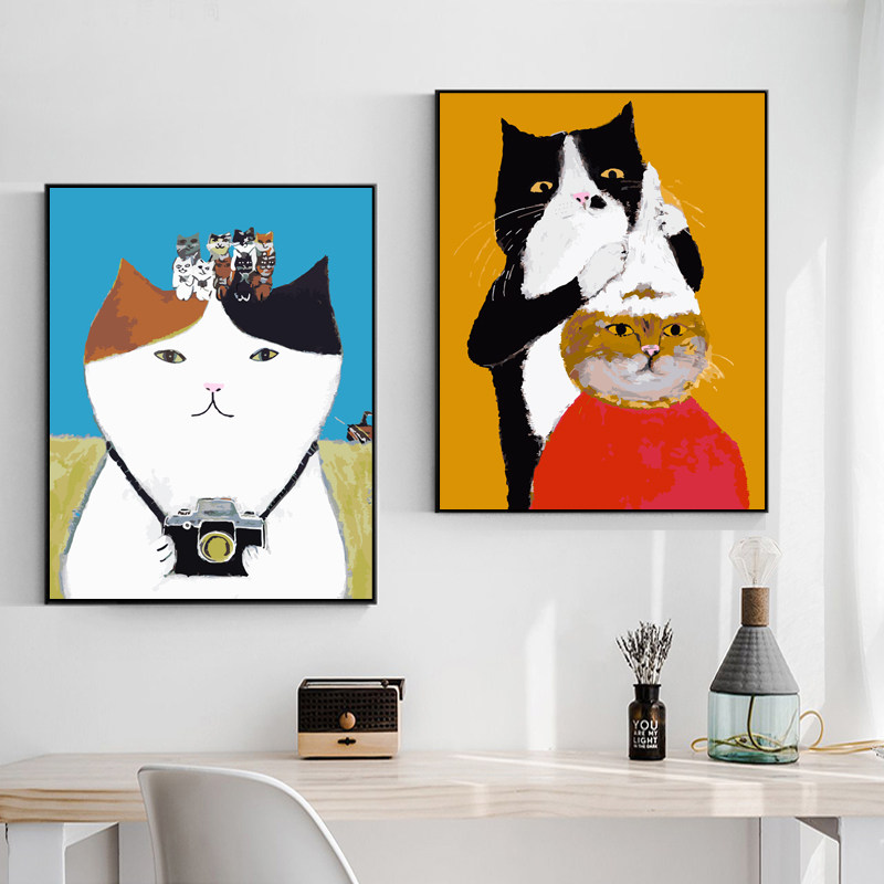 可爱卡通数字油画diy手绘填充动物插画油彩画小清新ins猫咪装饰画