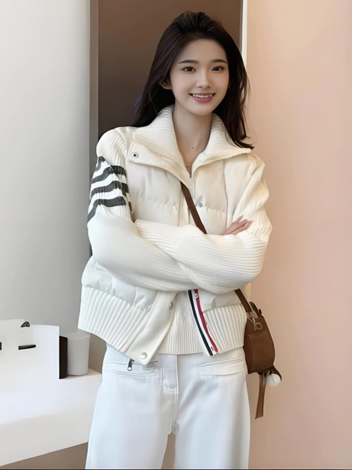 欧洲站拼接针织立领羽绒服女短款2026年新款小个子冬季保暖外套潮