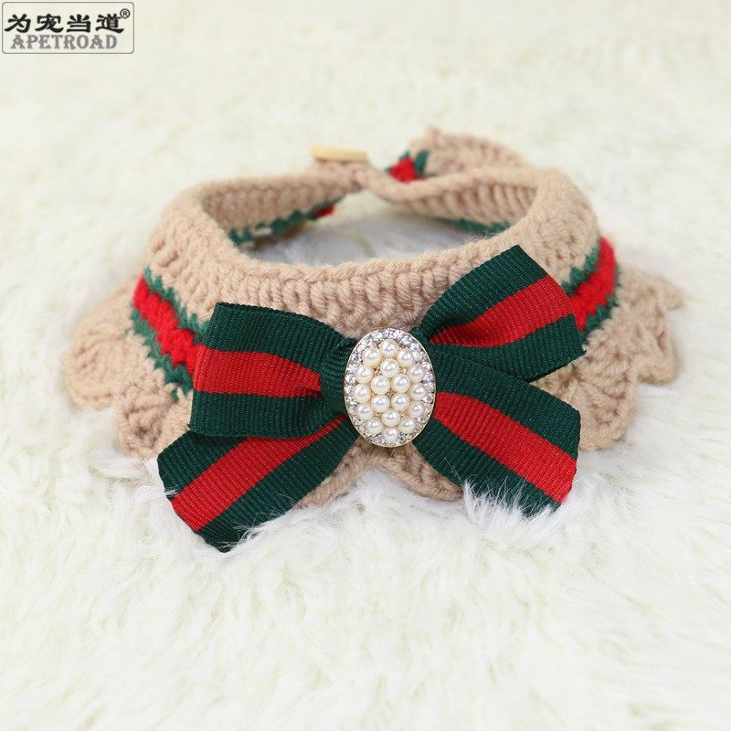宠物服饰猫咪项圈手工针织毛线珍珠丝带假领领结狗狗围脖围嘴拍照