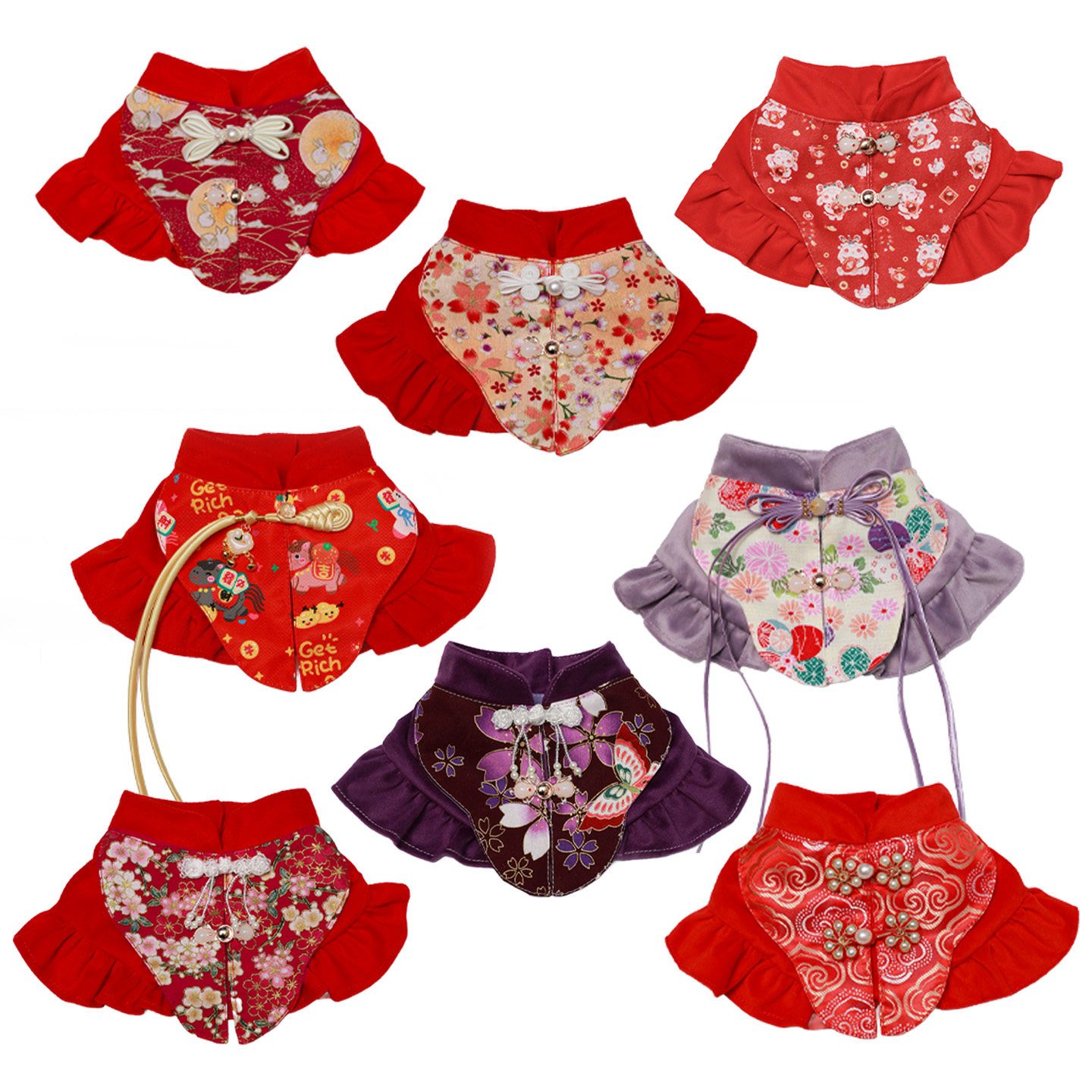 新年款中式宠物汉服玉兔招财猫咪狗狗拜年服古风围兜围脖口水巾