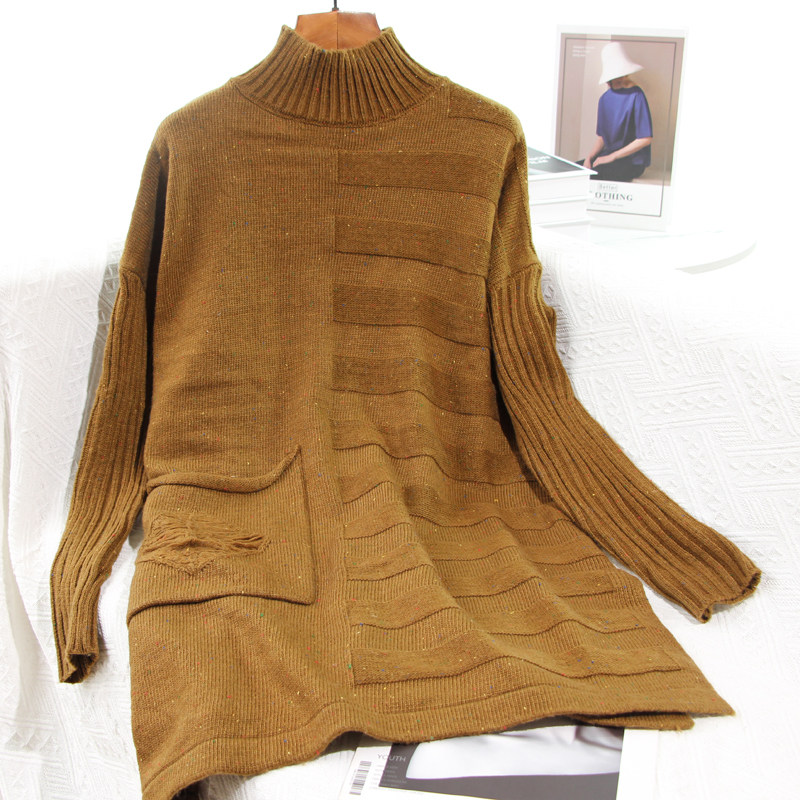 尾货女装余单清仓半高领套头宽松中长款毛衣针织衫开叉打底连衣裙